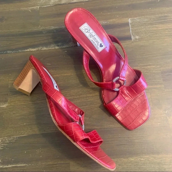 Brighton Red Terry Croc Embossed Leather Square Toe Sandals 90's Y2K Cherry - Picture 2 of 7